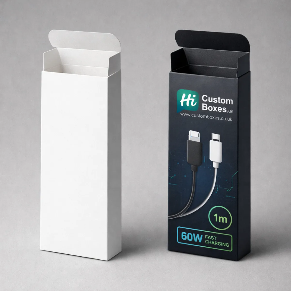 Two tall, slim tuck-top boxes; one plain white and one black with cable graphics. class=